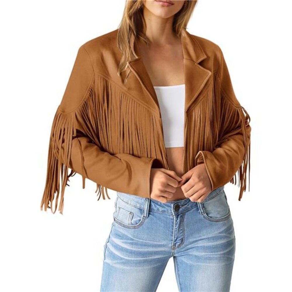 Women's Fringe Faux Suede Leather Jacket Tassel Cropped Coat - Picture 2 of 7